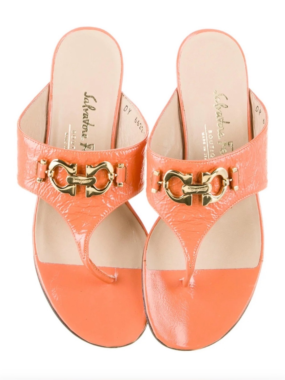 Salvatore Ferragamo Coral Patent Thong Sandals with Gold Hardware